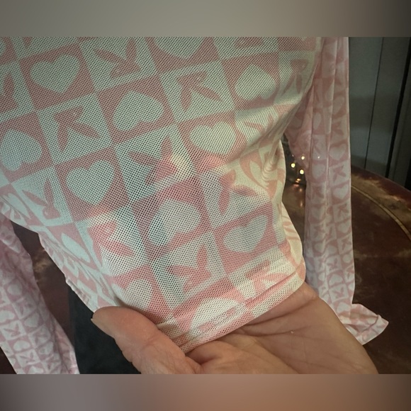 Long sleeved See through Pink and White Authentic Playboy Bunny Crop Top Sz Lrg - Picture 2 of 6